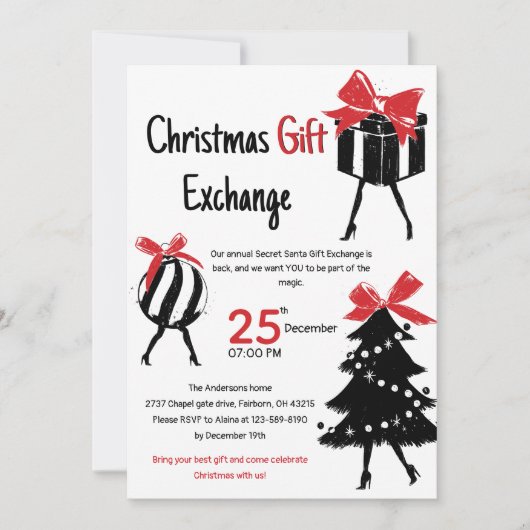 Festive Hand Drawn Christmas Gift Exchange Party Kaart (Voorkant)
