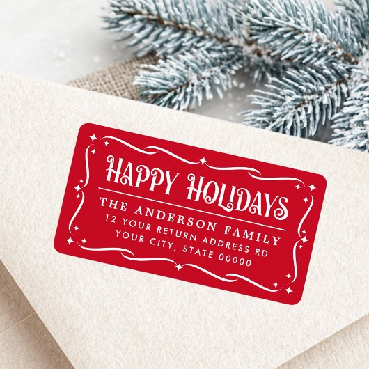 Festive Happy Holidays elegant red return address Etiket