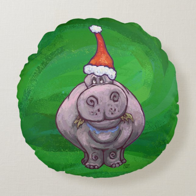Festive Head and Tails Hippo over Green Rond Kussen (Voorkant)