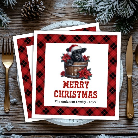 Festive highland cow red black tartan napkins servet
