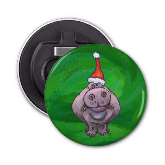 Festive Hippo on Green Button Flesopener (Voorkant)