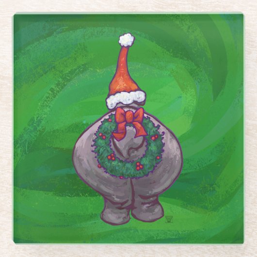 Festive Hippo on Green Glazen Onderzetter (Voorkant)