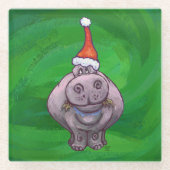 Festive Hippo on Green Glazen Onderzetter (Voorkant)