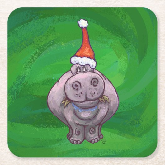 Festive Hippo on Green Kartonnen Onderzetters (Voorkant)