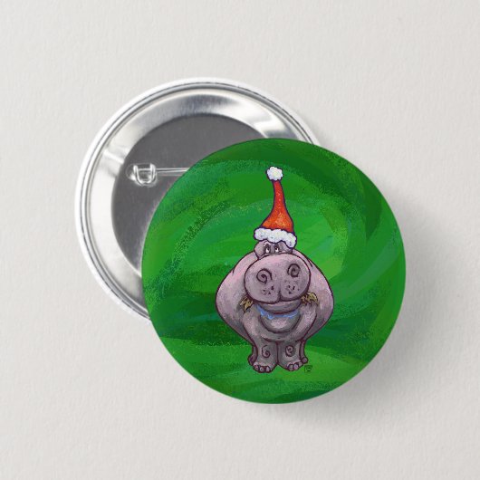 Festive Hippo on Green Ronde Button 5,7 Cm (Voorkant /achterkant)