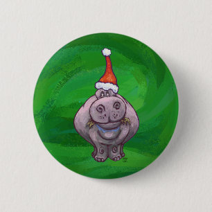 Festive Hippo on Green Ronde Button 5,7 Cm