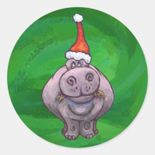 Festive Hippo on Green Ronde Sticker