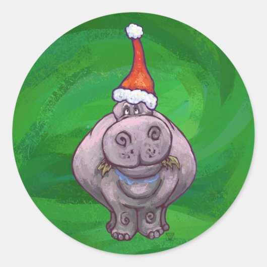 Festive Hippo on Green Ronde Sticker (Voorkant)