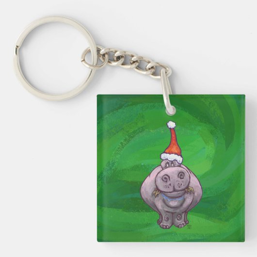 Festive Hippo on Green Sleutelhanger (Voorkant)