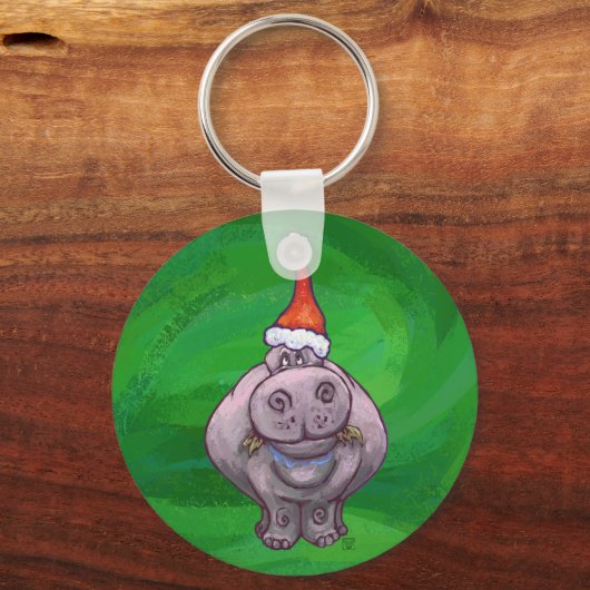 Festive Hippo on Green Sleutelhanger (Voorkant)