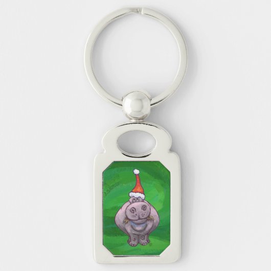 Festive Hippo on Green Sleutelhanger (Voorkant)