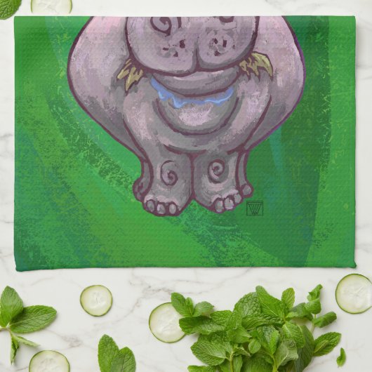 Festive Hippo on Green Theedoek (Gevouwen)