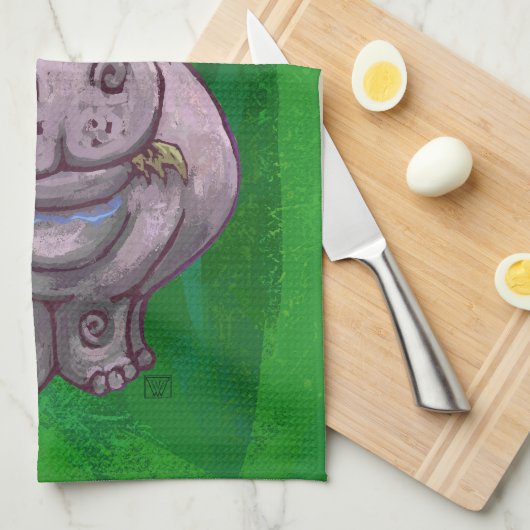 Festive Hippo on Green Theedoek (Quarter Fold)