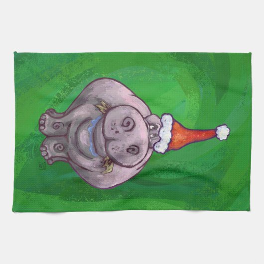 Festive Hippo on Green Theedoek (Horizontaal)