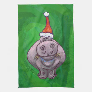 Festive Hippo on Green Theedoek