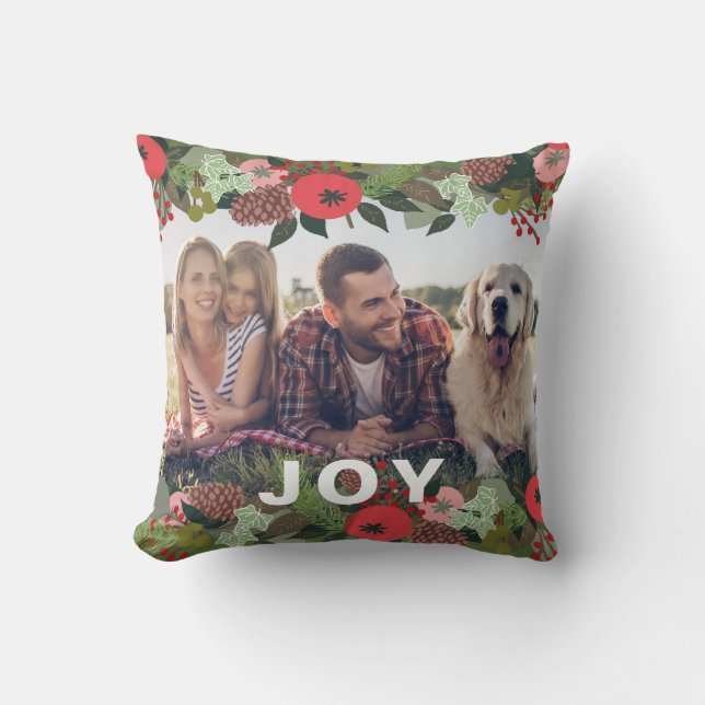 Festive Holiday Botanical Joy Type kerstfoto Kussen (Voorkant)