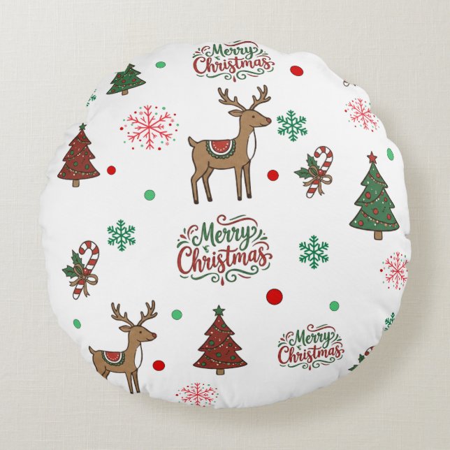 Festive Holiday Cartoon Reindeer Red Green Throw P Rond Kussen (Voorkant)