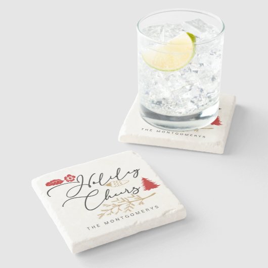 Festive Holiday Cheers Red Holly Kerstmis Stenen Onderzetter (Zijkant)