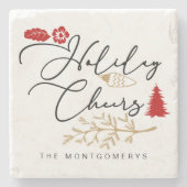 Festive Holiday Cheers Red Holly Kerstmis Stenen Onderzetter (Voorkant)