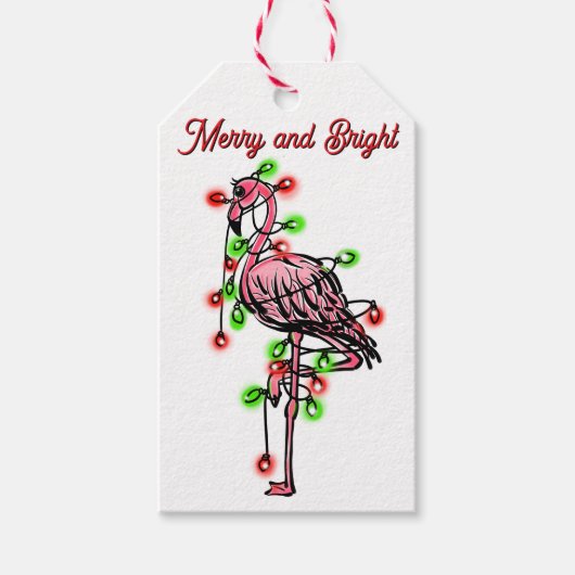 Festive holiday Flamingo  red green Xmas lights Cadeaulabel (Voorkant)