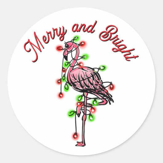 Festive holiday Flamingo  red green Xmas lights Ronde Sticker (Voorkant)