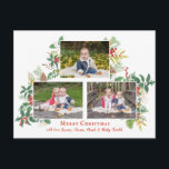 Festive Holiday Floral Drie Foto Briefkaart<br><div class="desc">Geef drie van je keepasfoto's weer in deze aangepaste sjabloon met feestbloemen,  bessen en bladeren in de stijl van de waterverf met bewerkbare tekstvelden. Geschikt voor foto's met landschapsfoto's. Complementair bloempatroon op rug met editable tekstgebieden.</div>