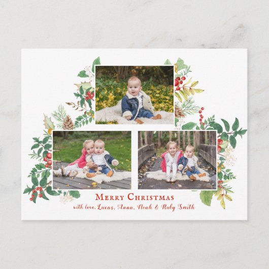 Festive Holiday Floral Drie Foto Briefkaart (Voorkant)