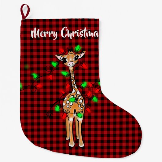Festive Holiday Giraffe buffalo plaid Grote Kerstsok (Voorkant)