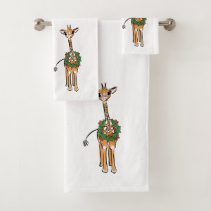 Festive Holiday Giraffe met Holly Wreator Bad Handdoek