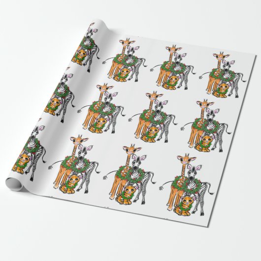 Festive Holiday Giraffe, Zebra, tijger Cadeaupapier (Uitgerold)