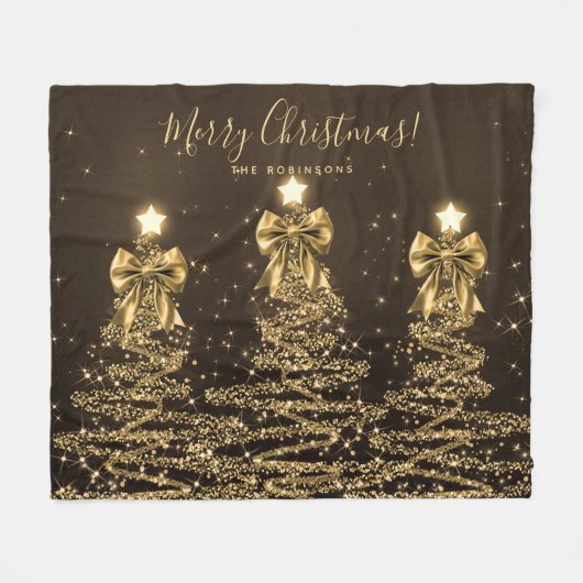 Festive Holiday Gold Christmas Trees w/ Bows Fleece Deken (Voorkant (Horizontaal))