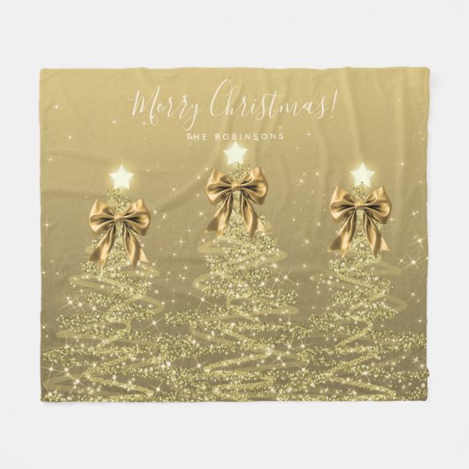 Festive Holiday Gold Christmas Trees w/ Bows Fleece Deken (Voorkant (Horizontaal))