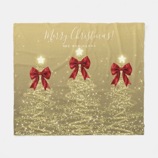 Festive Holiday Gold Christmas Trees w/ Red Bows Fleece Deken (Voorkant (Horizontaal))