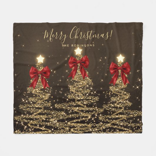 Festive Holiday Gold Christmas Trees w/ Red Bows Fleece Deken (Voorkant (Horizontaal))