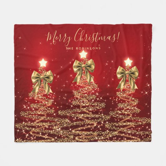 Festive Holiday Gold Red Christmas Trees w/ Bows Fleece Deken (Voorkant (Horizontaal))