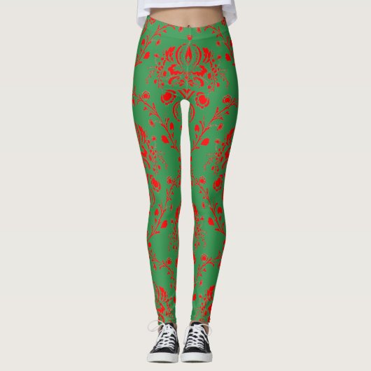 Festive Holiday Green en Red Damask Leggings (Voorkant)