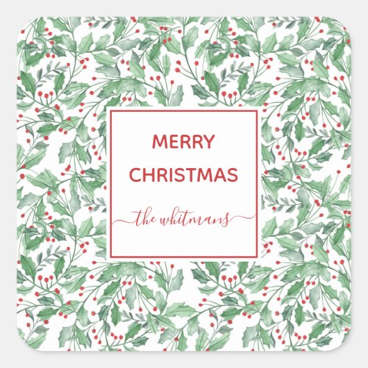 Festive Holiday Greenery Persoonlijke Kerstmis Vierkante Sticker (Voorkant)