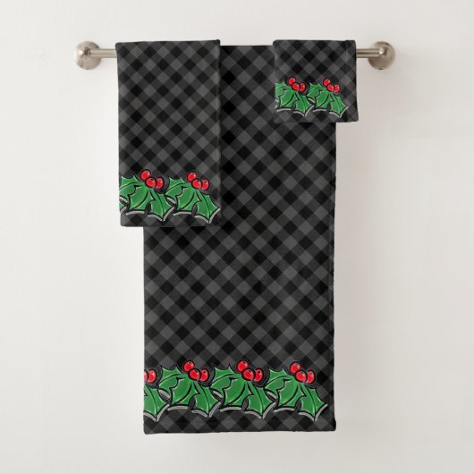 Festive Holiday Grey Pset met Holly Sprigs Bad Handdoek (Insitu)