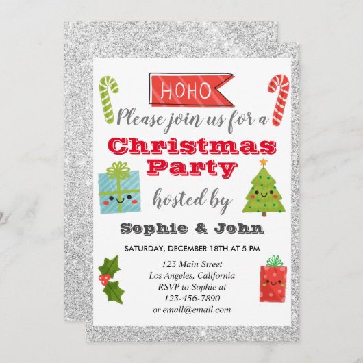 Festive Holiday Kerstfeest Silver Glitter Kaart (Voorkant / Achterkant)