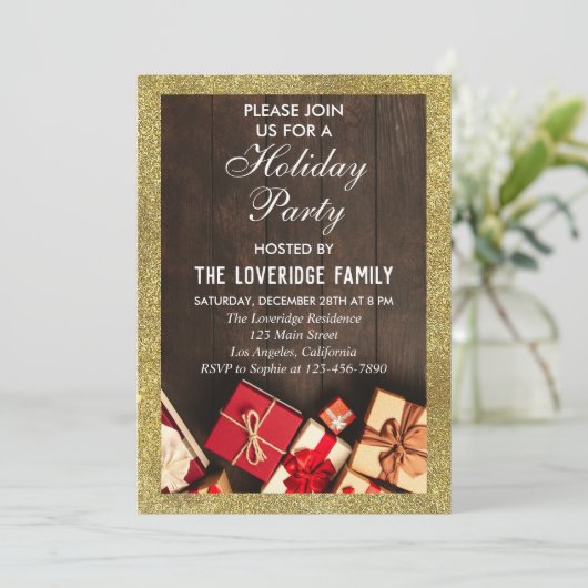 Festive Holiday Kerstparty Gifts Gold Glitter Kaart (Staand voorkant)