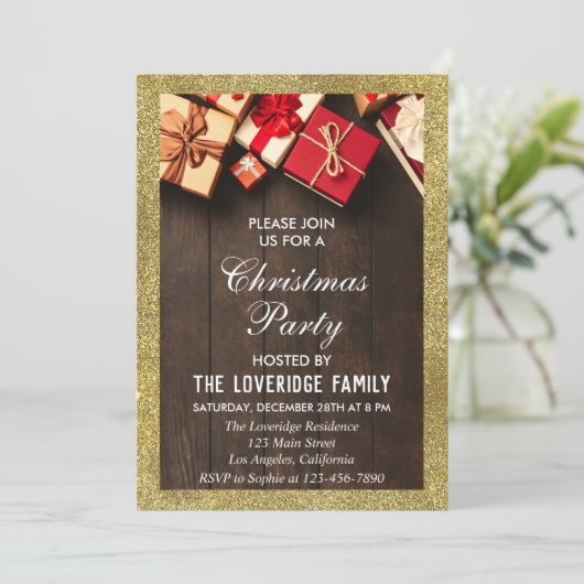 Festive Holiday Kerstparty Gifts Gold Glitter Kaart (Staand voorkant)