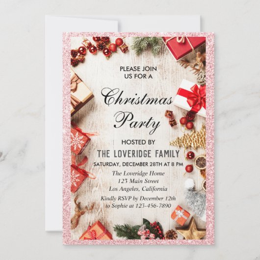 Festive Holiday kerstparty Roos Gold Glitter Kaart (Voorkant)