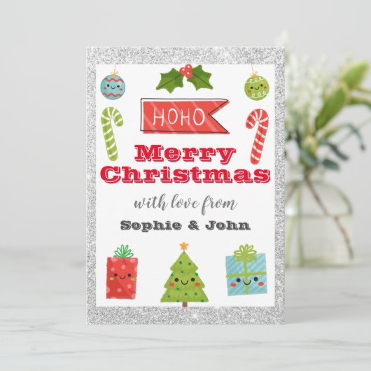 Festive Holiday Merry Kerstmis Red Silver Glitter Feestdagenkaart (Staand voorkant)