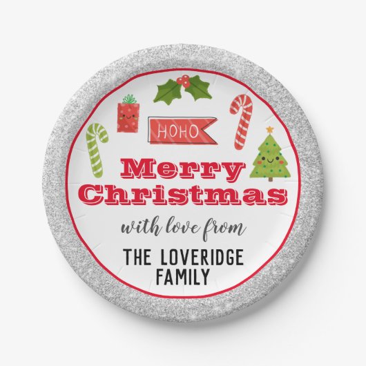 Festive Holiday Merry Kerstmis Red Silver Glitter Papieren Bordje (Voorkant)