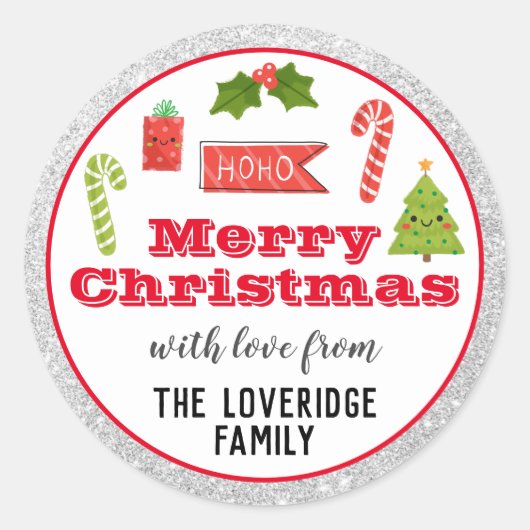 Festive Holiday Merry Kerstmis Red Silver Glitter Ronde Sticker (Voorkant)