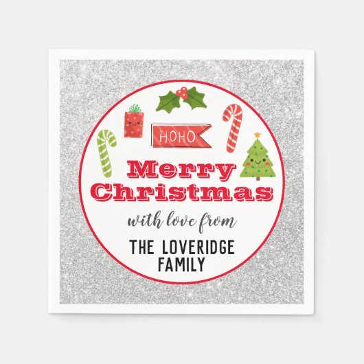 Festive Holiday Merry Kerstmis Red Silver Glitter Servet (Voorkant)