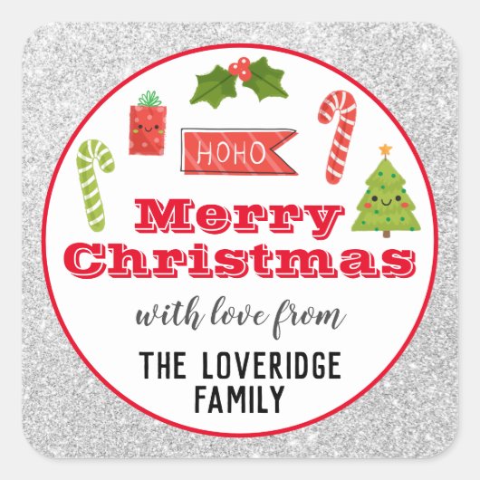 Festive Holiday Merry Kerstmis Red Silver Glitter Vierkante Sticker (Voorkant)