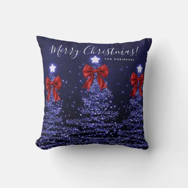 Festive Holiday Navy Christmas Trees Name Red  Kussen (Voorkant)