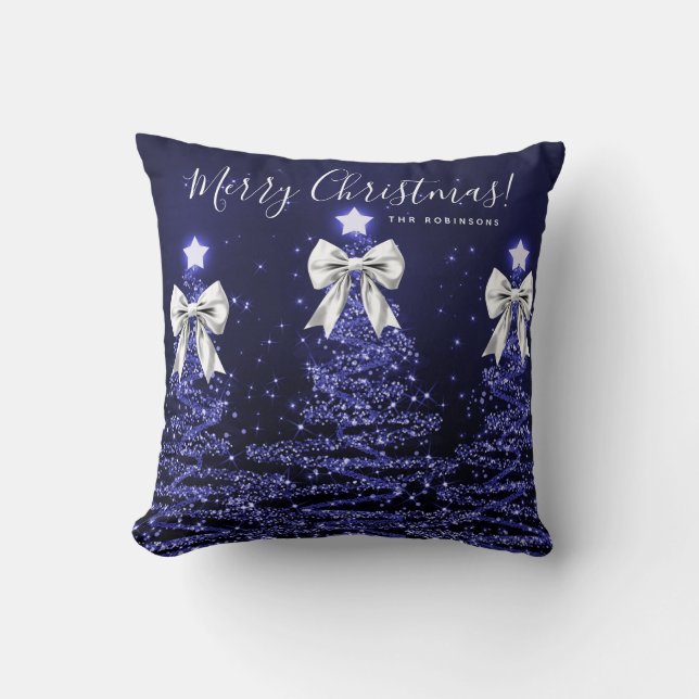 Festive Holiday Navy Christmas Trees Name Silver Kussen (Voorkant)