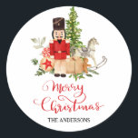 Festive Holiday Nutcracker Merry Christmas Script  Ronde Sticker<br><div class="desc">Festive Holiday Nutcracker Merry Christmas Script</div>